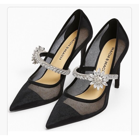 Mach & Mach Lotus Pumps Black Mesh Crystal Embellished Heels Size 39.5 US 9.5 - Picture 9 of 16